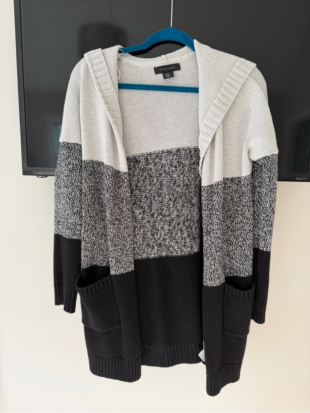 Tahari Black, Gray & Cream Hooded Colorblock Open Cardigan